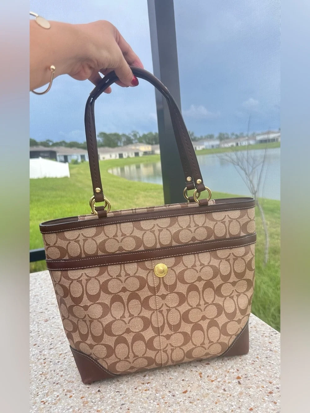 Coach Brown Signature Canvas Tote with Cream Stripe